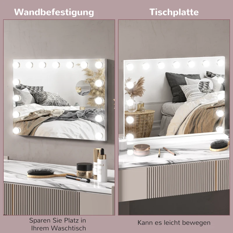 HOMCOM Hollywood Lustro z oświetleniem, Kosmetyczne Lustro LED z 15 lampami, Ściemnialne z 10x Lusterkiem Powiększającym, Port USB, Sterowanie Dotykowe