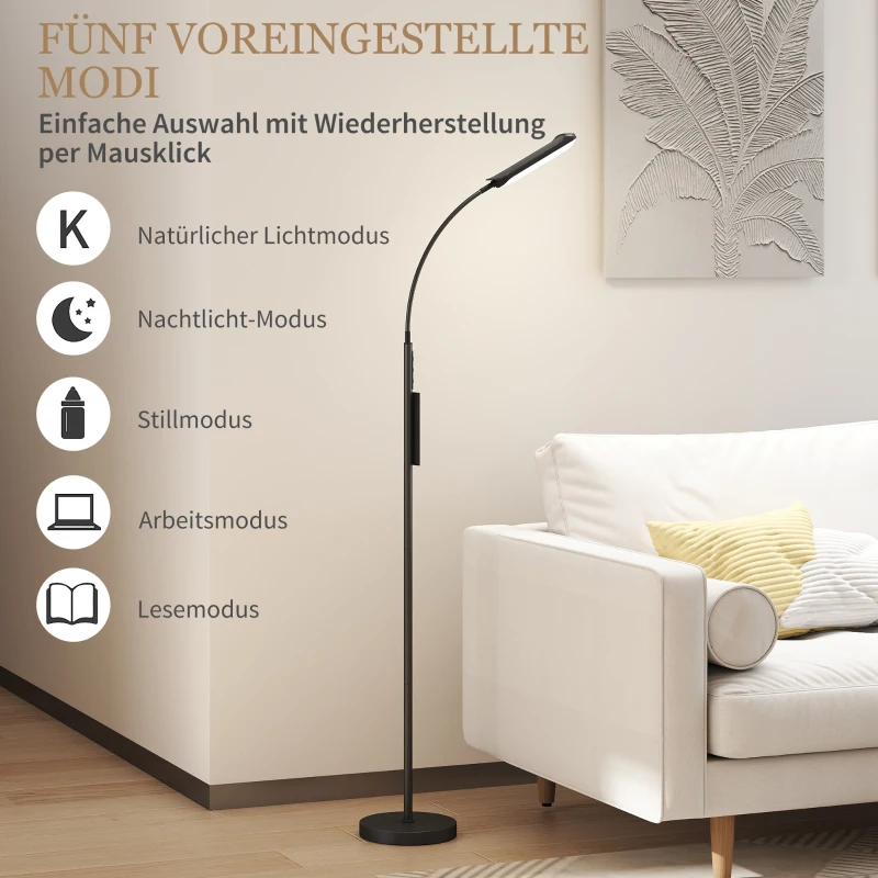 HOMCOM LED Floor Lamp, Standing Lamp with Remote & Touch Control, Stepless Dimmable Colours Temperature & Brightness, 360° Adjustable Gooseneck, 1 Hour Timer, Memory Function for Living Room, Black