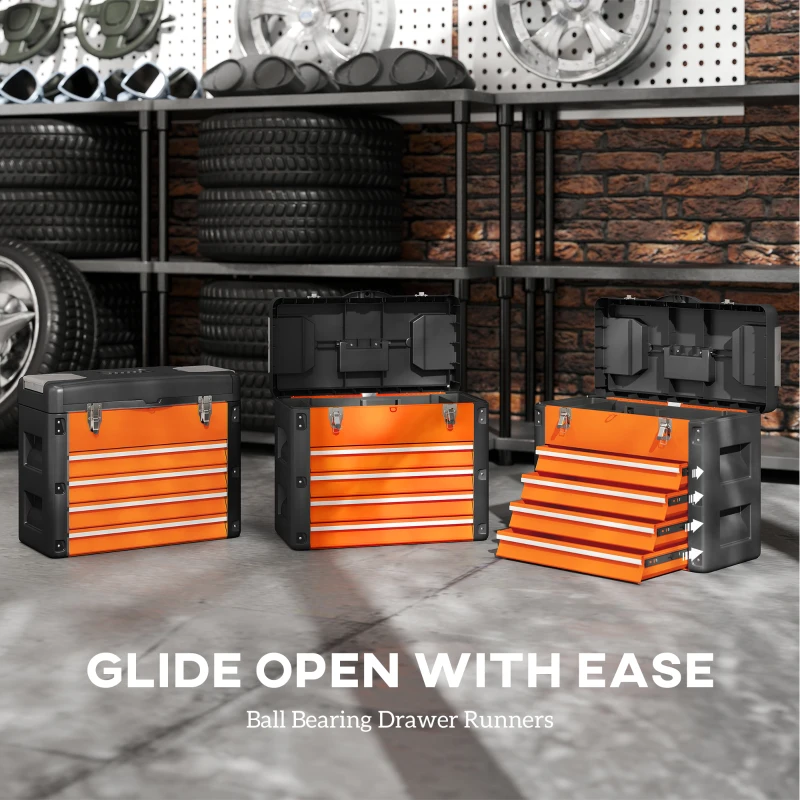HOMCOM 4 Drawers Large Tool Box, Powder Coated Steel Toolbox with Top Case, Mini Parts Boxes, Ball Bearing Runners, Handle, Heavy Duty Tool Chest for Workshop, Garage, 497mm x 253mm x 407mm, Orange