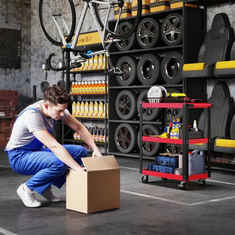 HOMCOM Heavy Duty Tool Trolley, 120kg Capacity 3-Tier Tool Trolley on Wheels with Lockable Casters and Handle, Utility Service Cart for Garage and Workshop, Red