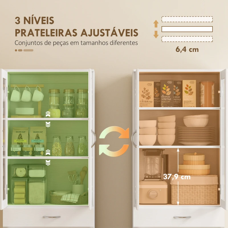 HOMCOM Armário de Cozinha com Portas de Vidro Gaveta Prateleiras Ajustáveis para Sala de Jantar Sala 60x35x180 cm Branco