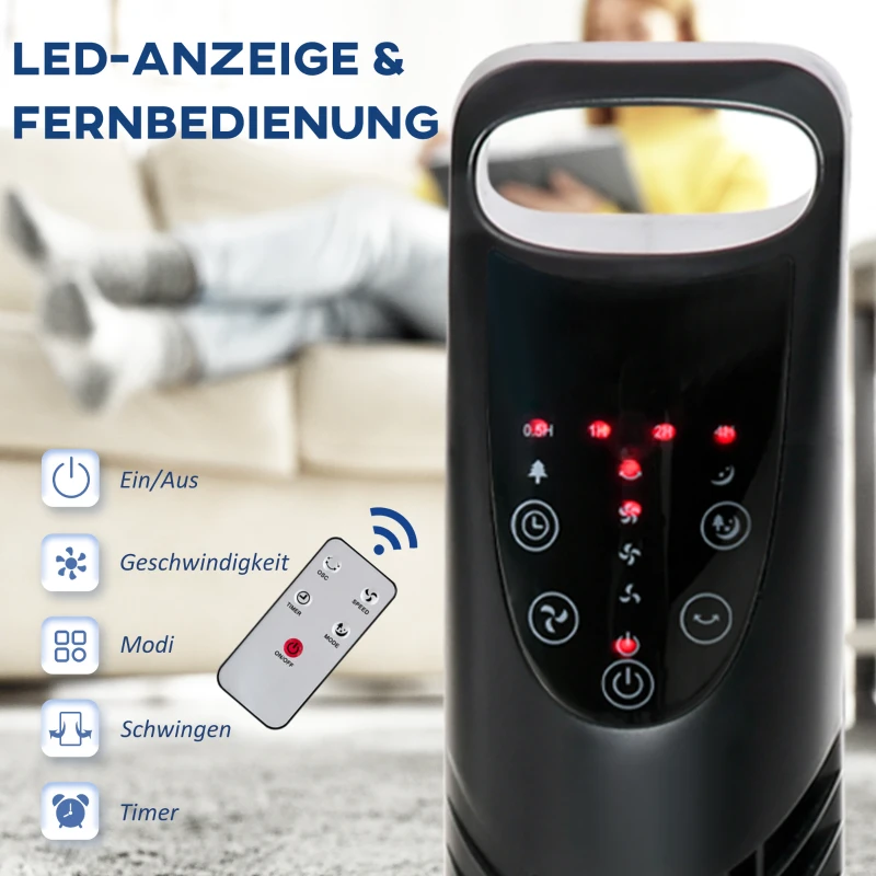 Cichy wentylator wieżowy, 3 prędkości, timer 7,5h