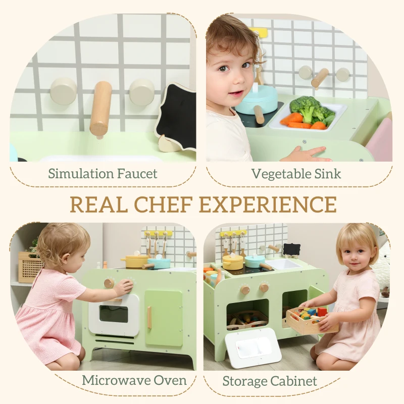AIYAPLAY Kuchnia dla dzieci z mikrofalówką, zlewem i akcesoriami, zestaw kuchenny, zabawka dla dzieci, prezent dla dziewczynek i chłopców od 3 lat, Zielony