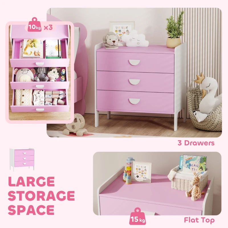 AIYAPLAY Kids Chest of Drawers, 3 Drawers Toy Organiser Unit, Children's Kids Furniture for Bedroom, Nursery, Playroom, Pink