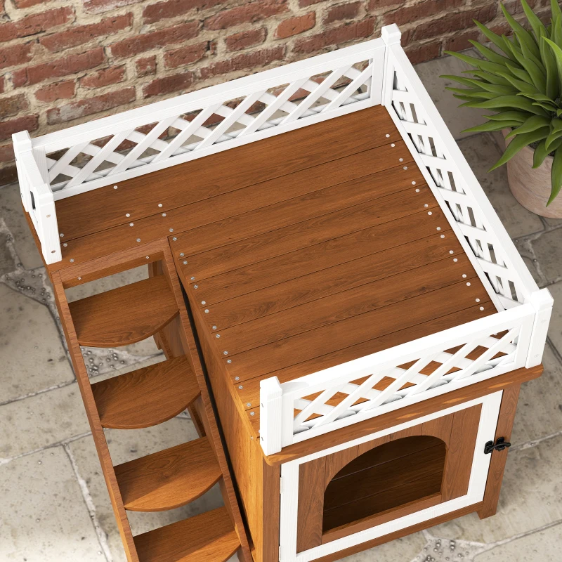 PawHut Wooden Cat House, Two-Floor Cat Shelter with Balcony, Stairs, Indoor Outdoor Small Pet Condo for Rabbits, Cats, Brown