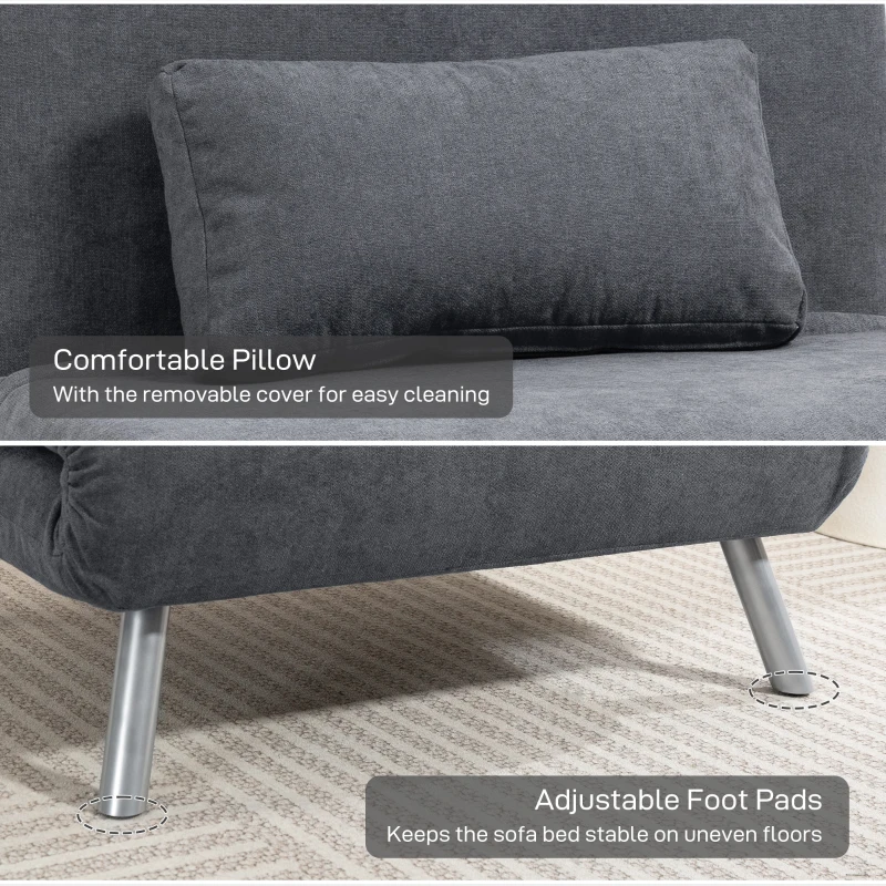 HOMCOM 2-in-1 Folding Sofa Bed, Convertible Sleeper Chair Bed with Adjustable Backrest, Velvet-Feel Upholstered Chaise Lounge with Pillow for Living Room, Bedroom, Home Office, Charcoal Grey