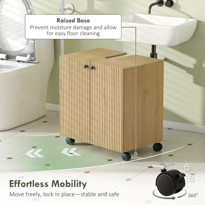 Szafka pod umywalkę HOMCOM z kółkami, drzwi z funkcją Soft-Close, regulowana półka, 60 x 39,8 x 62 cm, drewno naturalne