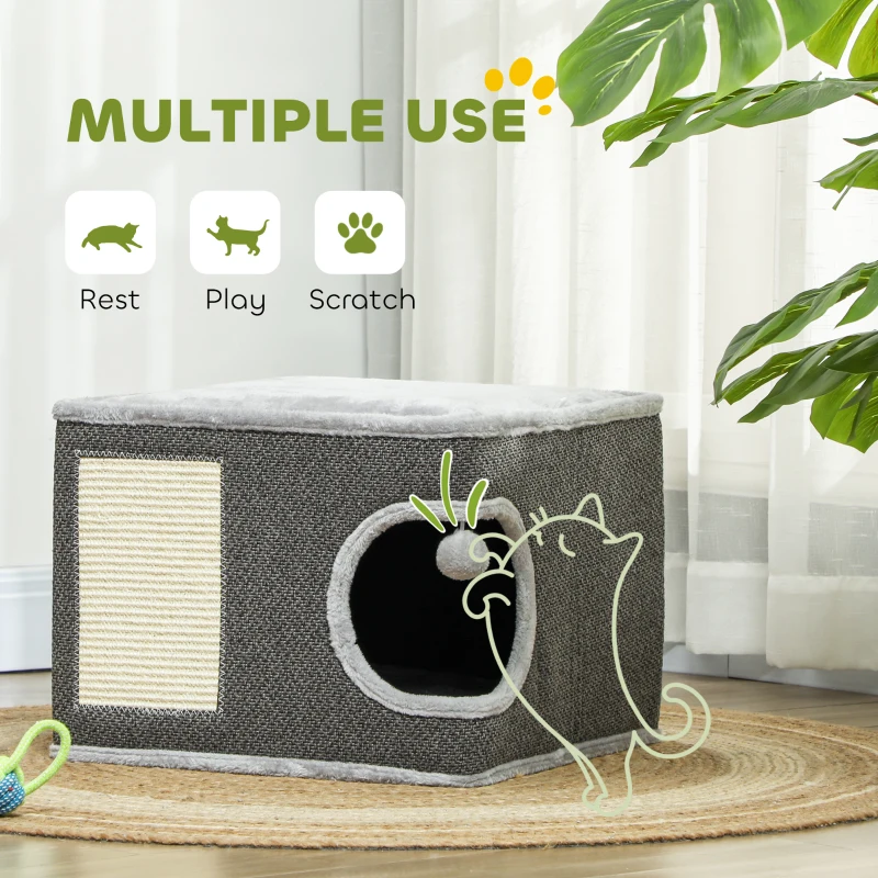 PawHut Cat Condo with 2 Cushions, Cat Tower with Top Bed, Scratching Pad, Toy Ball, Small Cat Tree for Large Adult Cat, Charcoal Grey