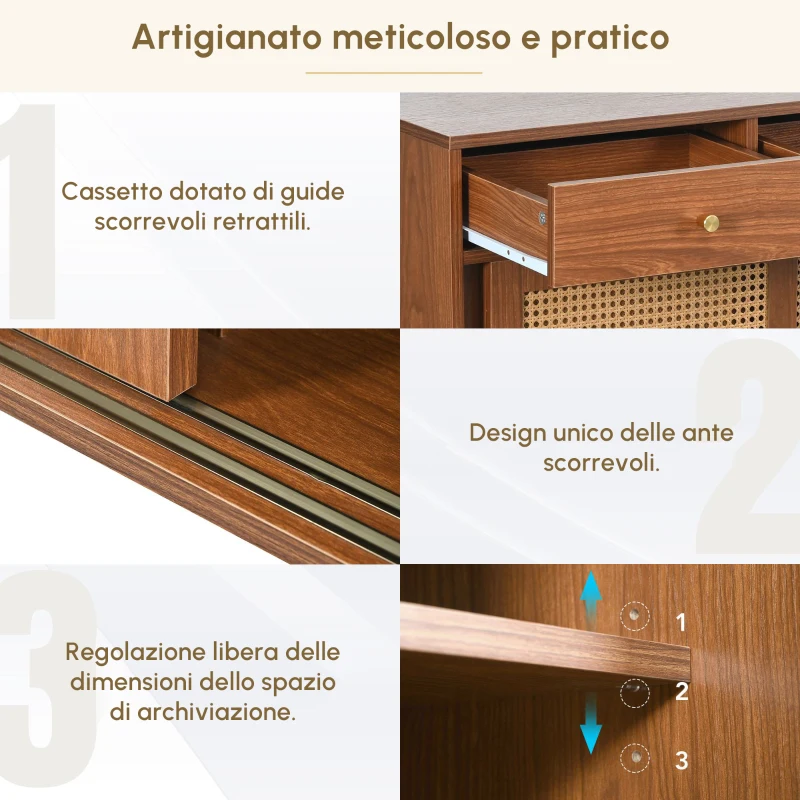 Credenza con 3 Cassetti e 3 Ante Scorrevoli con Intreccio di Rattan, Ripiani Regolabili, per Cucina e Soggiorno, 120×40×78 cm, Colore Noce