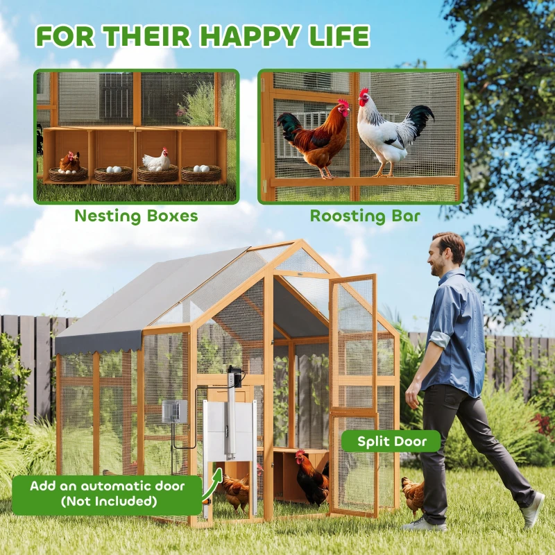 PawHut Gallinero de madera con recinto, cerradura de seguridad, puerta, 4 cajas nido, para 8-12 gallinas, aprox. 2,8 x 1,8 x 1,9 m, Amarillo
