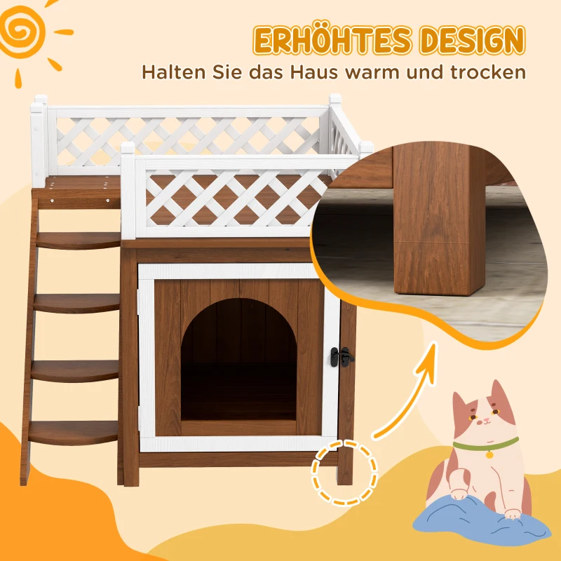 PawHut Wooden Cat House, Two-Floor Cat Shelter with Balcony, Stairs, Indoor Outdoor Small Pet Condo for Rabbits, Cats, Brown