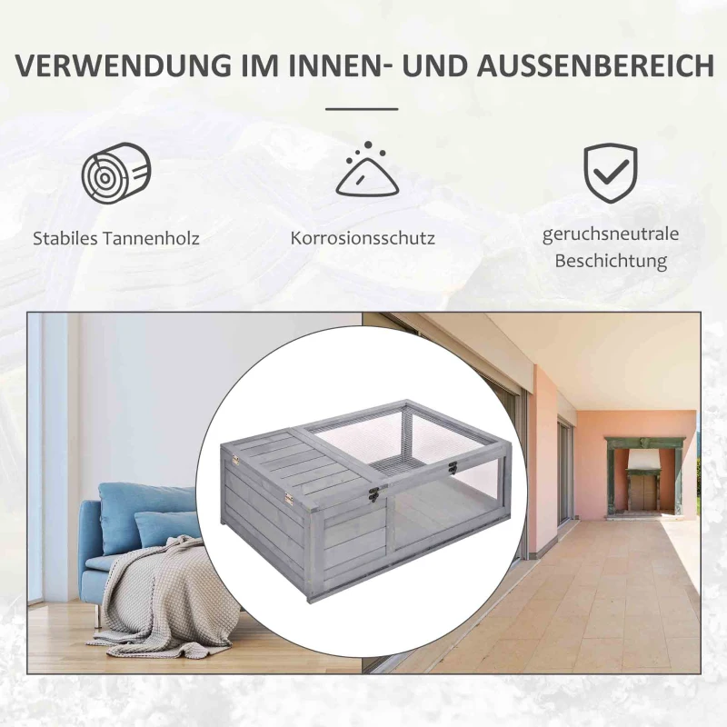 Drewniany domek dla żółwi, wybieg z głównymi domkami, szary