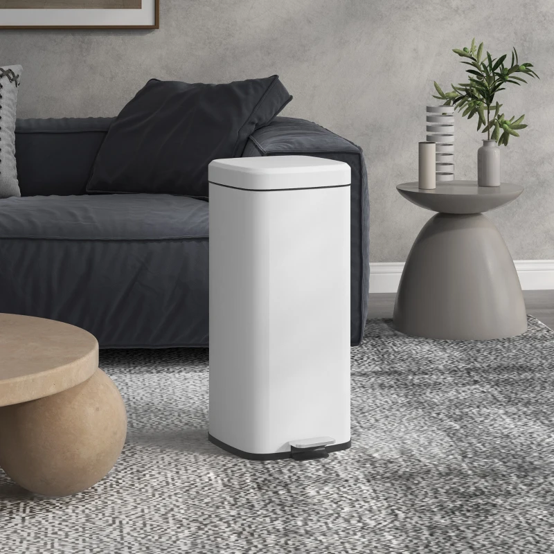 HOMCOM 30 Litre Pedal Bin, Fingerprint Proof Kitchen Bin with Soft-close Lid, Metal Rubbish Bin with Foot Pedal and Removable Inner Bucket, White