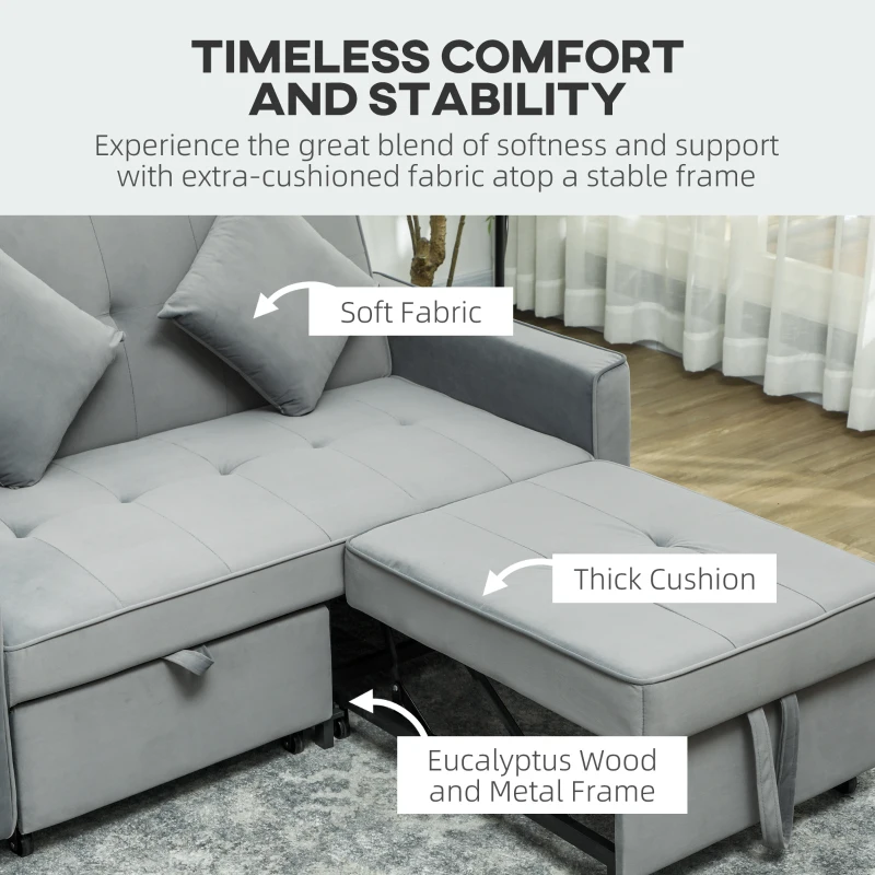 Sofa rozkładane 2-osobowe, welurowe, szare, z poduszkami