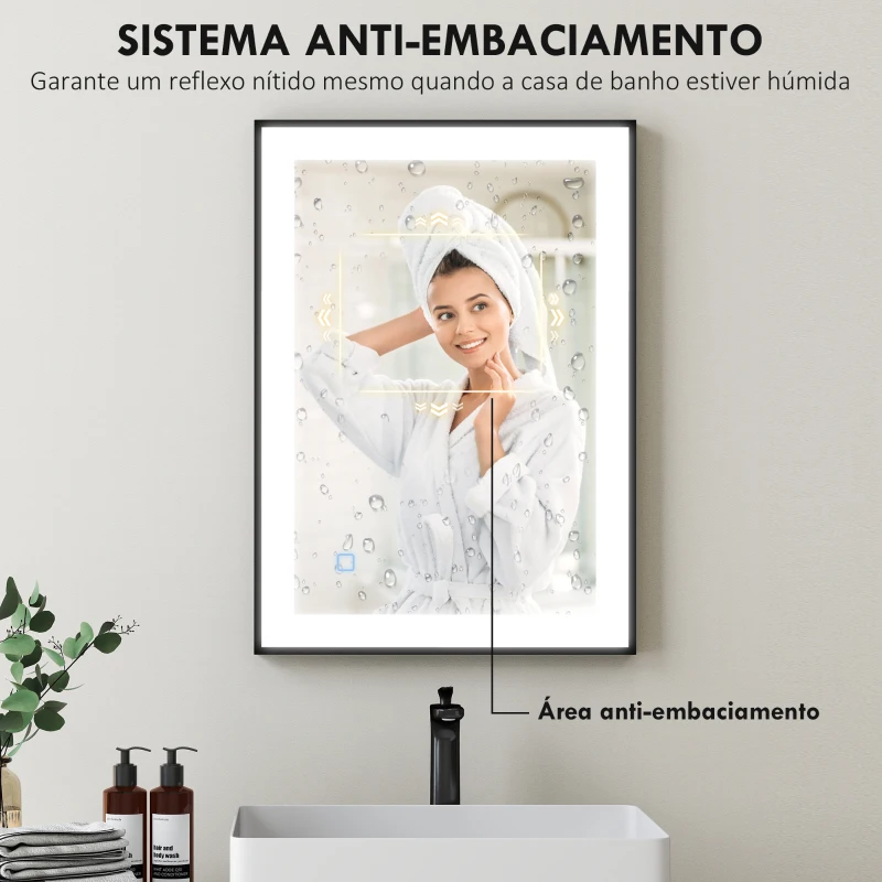 HOMCOM Espelho Casa de Banho com Luz LED 70x50 cm Iluminação Ajustável Função Anti-Embaciamento Função Memória  Preto