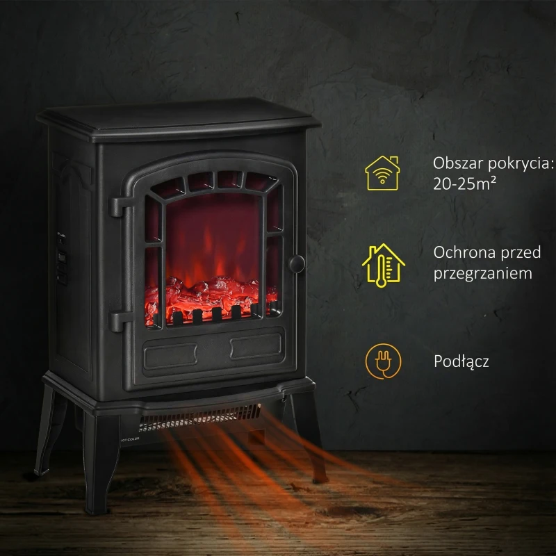 HOMCOM Elektryczny kominek z ogrzewaniem, efekt LED płomienia, 2000W, wolnostojący kominek z ochroną przed przegrzaniem, do salonu, sypialni, czarny