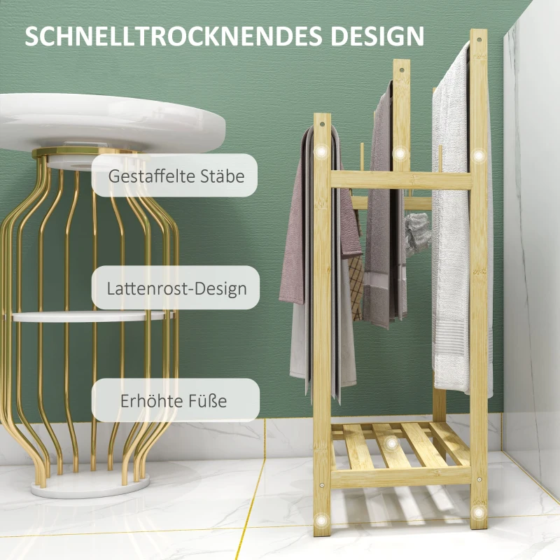 Wolnostojący wieszak na ręczniki, 4 haki, 3 pręty, naturalny