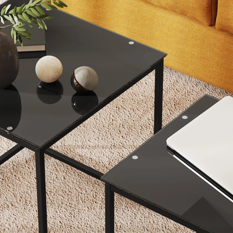 HOMCOM zestaw 2 stolików pomocniczych, stoliki kawowe, stolik do kawy ze szklaną blatą, kwadratowe stoliki do salonu, sypialni, stal, czarny