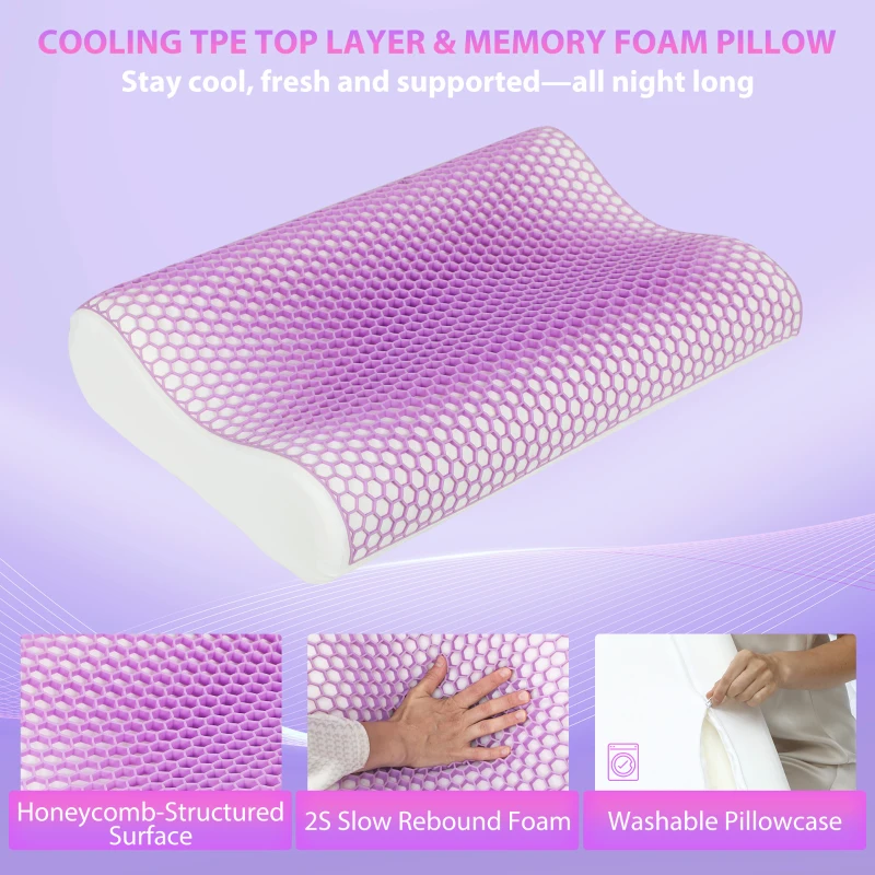 HOMCOM TPE Memory Foam Pillow for Pain Relief, Neck Pillow, 2S Slow-Rebound, 2 Height Design for Side Back Stomach Sleeper, Fits Standard King Queen Beds, Purple