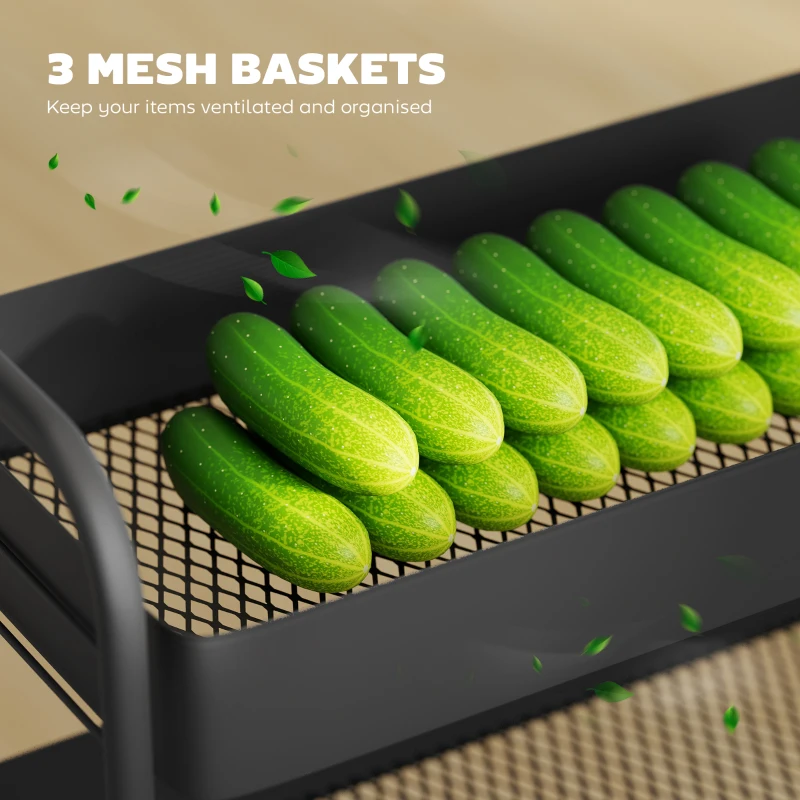 HOMCOM Wózek kuchenny na kółkach z 3 poziomami, Wózek serwisowy z koszami i uchwytem, Regał kuchenny na kółkach, Wózek do przechowywania dla kuchni, łazienki, biura, salonu, Czarny