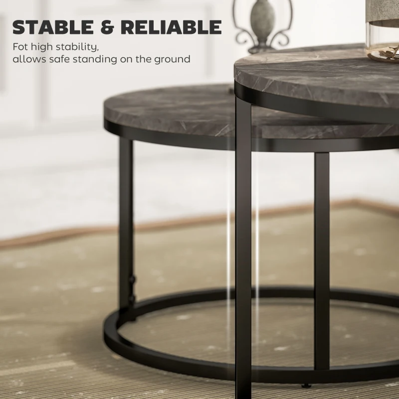 HOMCOM Zestaw 2 okrągłych stolików kawowych, stoliki pomocnicze z ramą metalową, stolik kawowy z wyglądem marmuru do salonu, sypialni, balkonu, szary