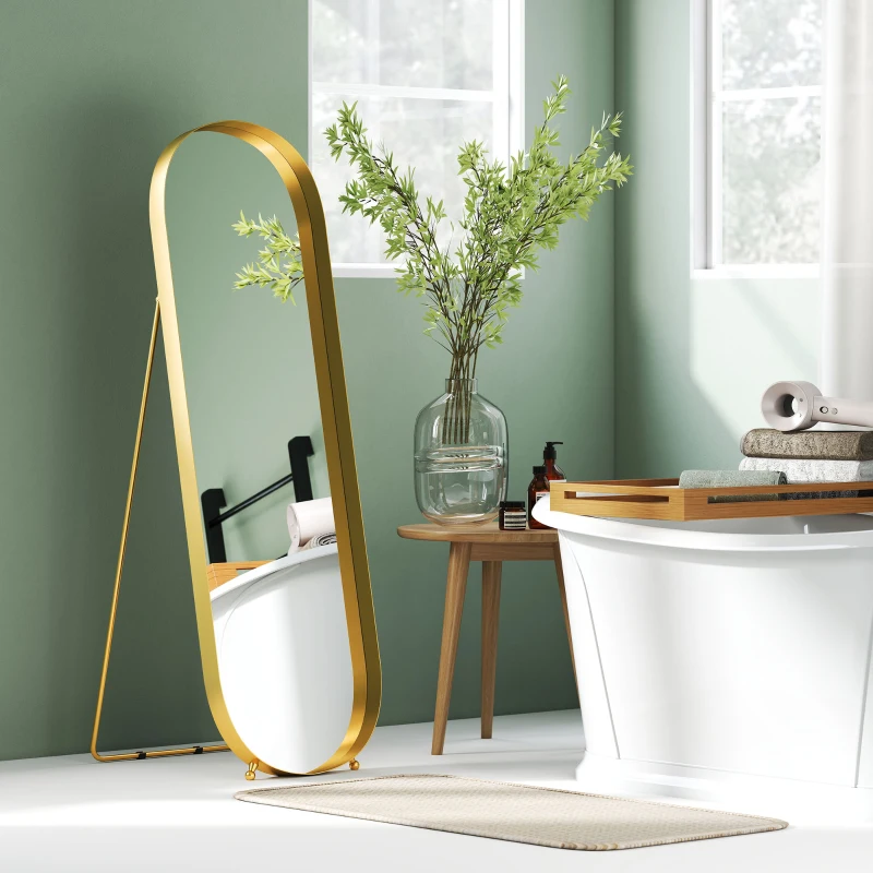 HOMCOM Lustro całkowite 160 x 50 cm, Łukowaty stojący lustro z metalową ramą i Szkłem Odpornym na Rozbicie, Lustro ścienne do stania, opierania, dla salonu, sypialni, korytarza, złote