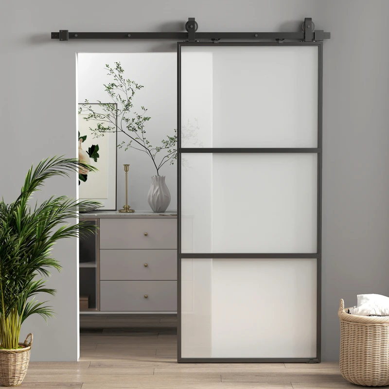 HOMCOM 91.4 x 203.2cm Sliding Door with 183cm Sliding Glass Door Hardware Kit Included Floor Guide & Soft Mechanism, Easy Assembly, Black