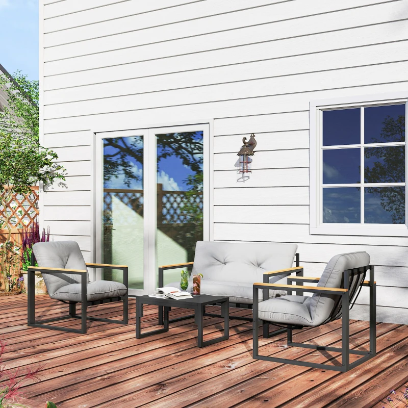 Outsunny Garden Furniture Set, 4 Piece Indoor Outdoor Conservatory with Loveseat Sofa, Armchairs, Metal Top Coffee Table, Cushions for Balcony, Poolside, Patio, Light Grey