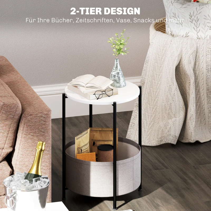 HOMCOM Round Side Table with Storage Shelf and Fabric Basket, 2-Tier End Table Bedside Table for Living Room Bedroom Small Spaces