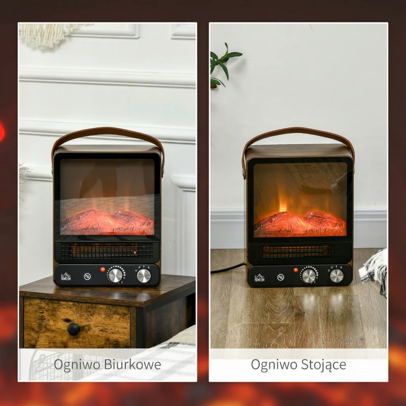 HOMCOM Elektrokamin z efektem płomieni, cichy komin stojący z uchwytem, regulowany piecyk, 750/1500W ogrzewanie wnętrz z zabezpieczeniem przed przegrzaniem do salonu i pomieszczeń wewnętrznych