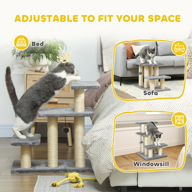 PawHut Schody dla psów 3 stopnie 54 cm Wysokie Schody dla zwierząt domowych dla małych psów Schody dla kotów Rampy dla psów z drapakami sizalowymi, piłką, pomoc wejściową do łóżka, sofy, kanapy i samochodu Szary