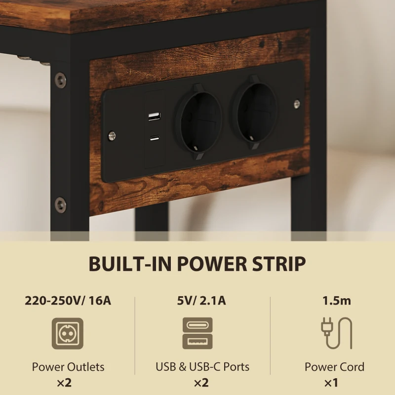 Stolik boczny HOMCOM w kształcie litery C z kieszenią, industrialny stolik nocny z portami USB i gniazdami, Rustykalny Brąz