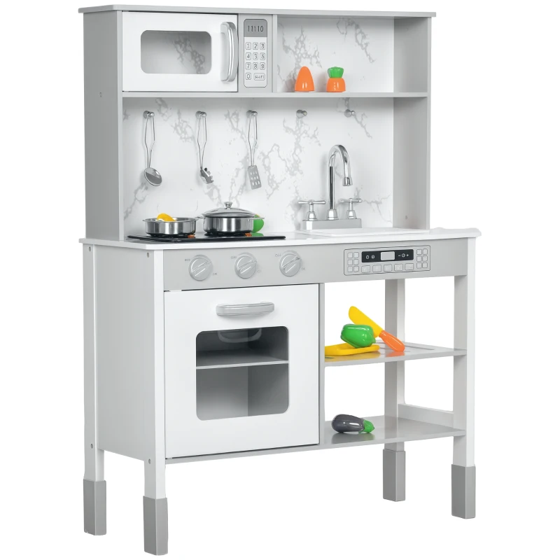 AIYAPLAY Kids Kitchen Playset with Electric Stove, 6 Cuttable Food Set, Microwave, Adjustable Height Kitchen for Kids with Storage, White