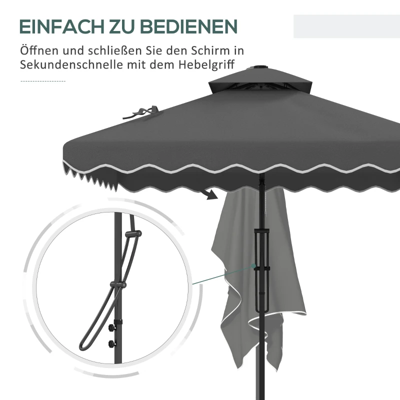 Outsunny Parasol ogrodowy, 243 x 243 cm Parasol balkonowy z ochroną UV, Parasol ogrodowy z podwójnym dachem, Krzyżowa podstawa, Parasol tarasowy z falbam, 4 belki, do ogrodu, Metal, Ciemnoszary