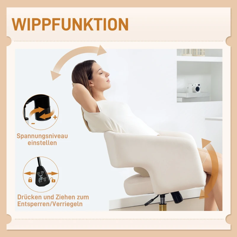 Fotel biurowy HOMCOM Homeoffice, obrotowy, z welurowym wykończeniem, regulowany, z funkcją bujania, do 120 kg, do pokoju pracy, sypialni, kremowy biały