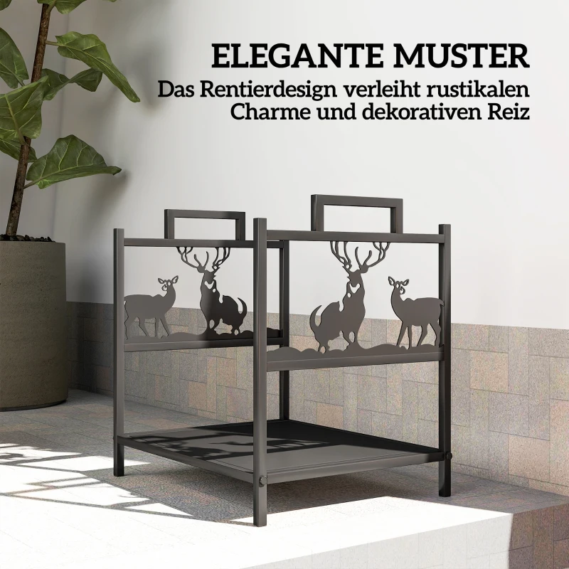 Outsunny Stojak na drewno kominkowe 42,5 x 33,5 x 43 cm z motywem renifera, czarny metalowy stojak na drewno do kominka
