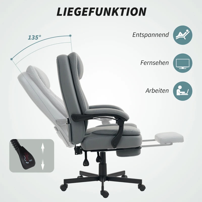 HOMCOM Fotel Biurowy z Funkcją Masażu, Ergonomiczny Fotel z Funkcją Leżenia, Regulowany, Obrotowy, z Podnóżkiem, Szary