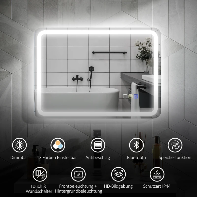 HOMCOM 500 x 700 mm Bluetooth Bathroom Mirror with LED Lights, Illuminated Backlit Wall Mounted Vanity Mirror with 3 Colours Dimmable, Anti-Fog, Memory & Touch Switch, IP44