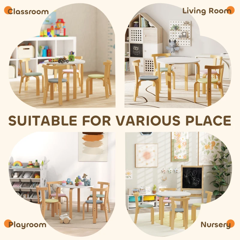 AIYAPLAY Dziecięcy zestaw stołu z 4 krzesłami, 5-częściowy zestaw stołu i krzeseł dla dzieci, zestaw siedzeń dla dzieci w pokoju dziecięcym, dla dzieci w wieku 3-8 lat, Kolorowy