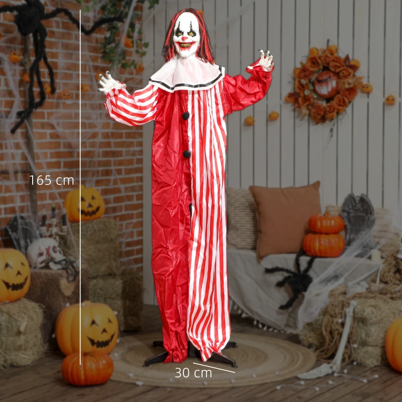 Dekoracja Halloween Outsunny 165 cm Klaun Halloween z LED, funkcją dźwiękową, dekoracja drzwi z regulowanymi ramionami, figura ogrodowa w naturalnej wielkości na imprezę