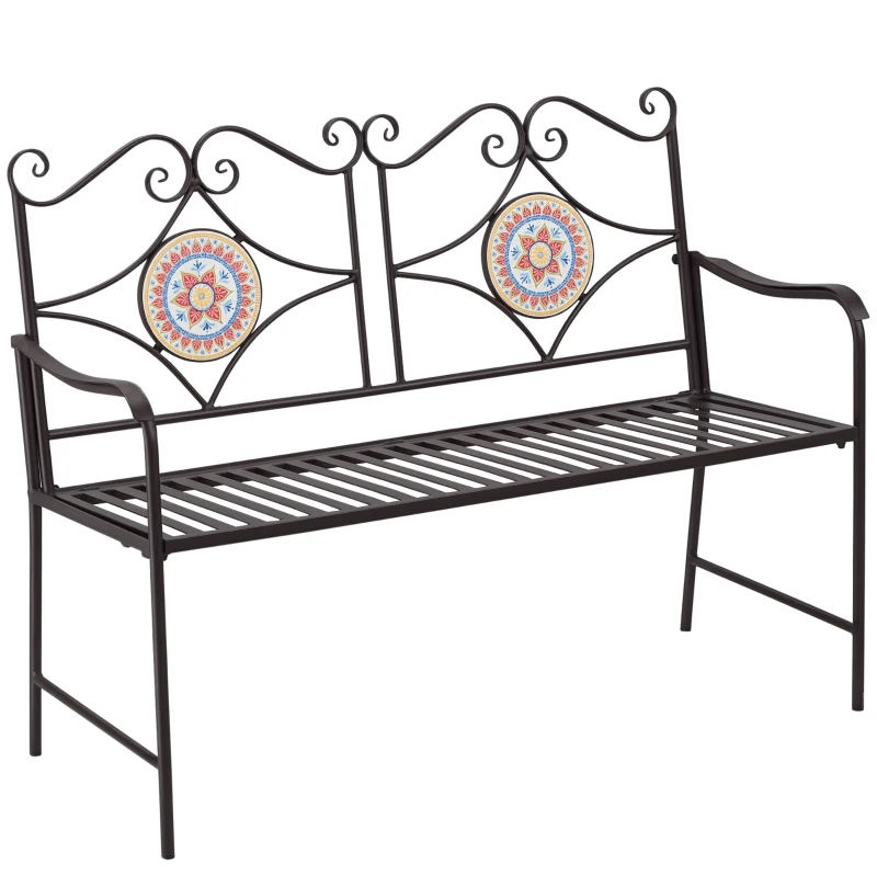 Outsunny Ławka ogrodowa z metalu, 2-osobowa Ławka parkowa z oparciem, podłokietnikiem, ławka z mozaikowymi kamieniami do ogrodu, na balkon, max. 220 kg, Brązowy, 121 x 52 x 93 cm