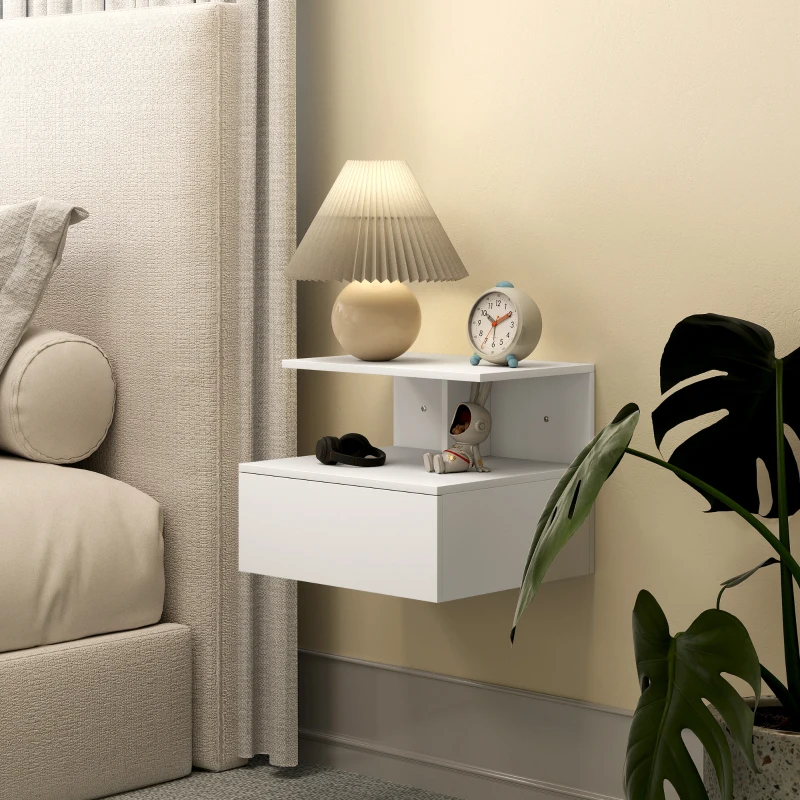 HOMCOM Stolik nocny zawieszany z szufladą, otwarta półka, biały, 39,8 x 35 x 31,6 cm