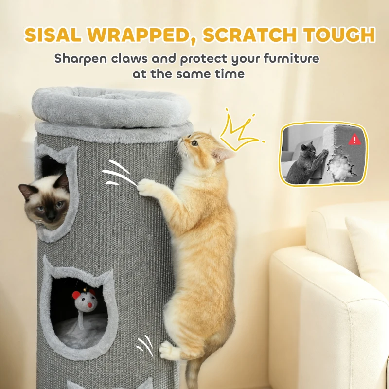 PawHut Beczka do drapania 96 cm wysokości dla kotów z 3 jaskiniami i wiszącymi zabawkami, drapak z sizalu z zdejmowanym i pralnym łóżkiem pluszowym, szary