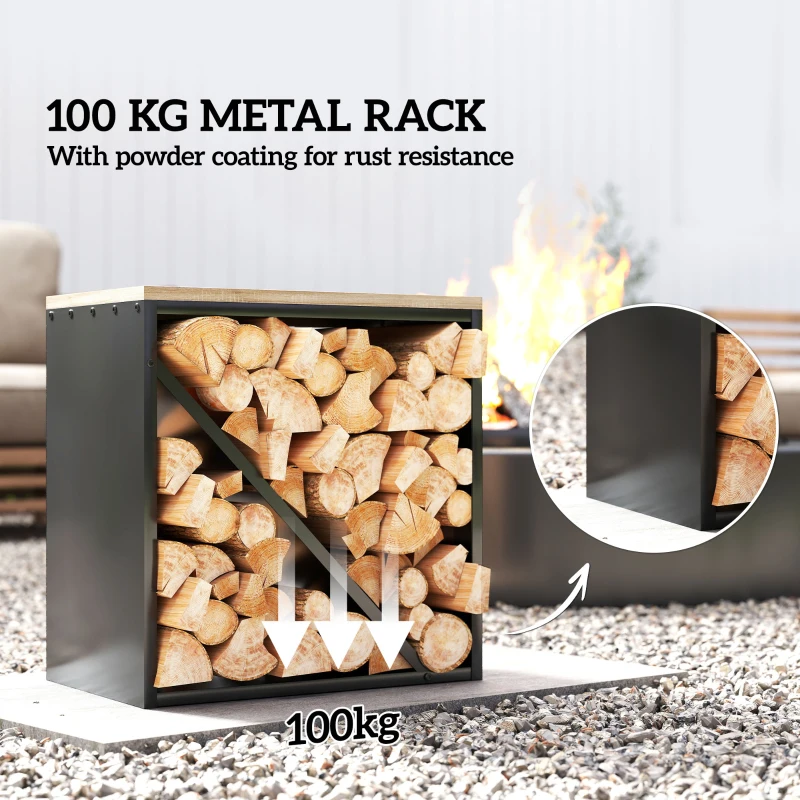 Outsunny 2-w-1 Wewnętrzny regał na drewno kominkowe 58 x 36 x 60 cm, podwyższony regał na drewno z przegrodą, stojak na drewno kominkowe, regał na drewno, metal, czarny