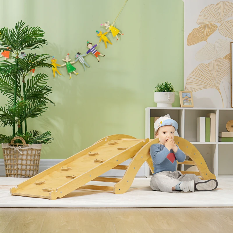 AIYAPLAY Toddler Climbing Toys Indoor, 4 In 1 Pikler Climbing Set with Arch Climber, Ramp, Cushion, Wooden Montessori Climbing Set Baby Play Gym for Indoor Playground, Natural Wood Finish