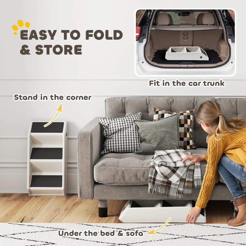 PawHut Foldable Dog Stairs with 3 Non-Slip Steps, Portable Pet Stairs for Small Dogs and Cats for High Beds or Sofas, Supports up to 10 kg, Cream White