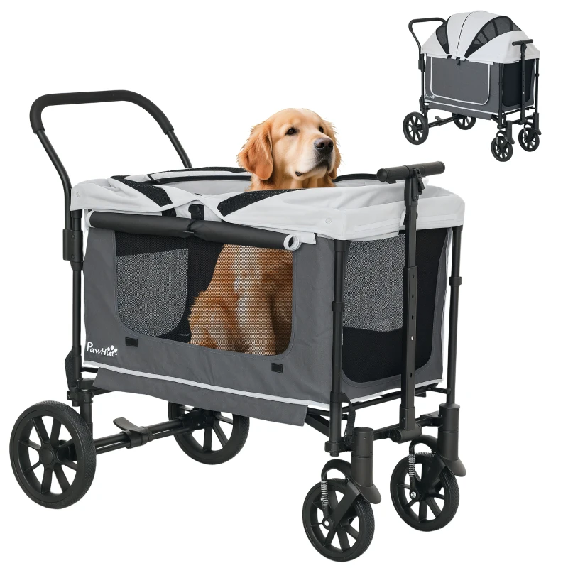 PawHut Dog Stroller, Puppy Buggy Cargo Trailer with Removable Adjustable Canopy, Storage Bag, Washable Cushion, Safety Leashes, Folding Pet Stroller for Large Dogs, Dark Grey