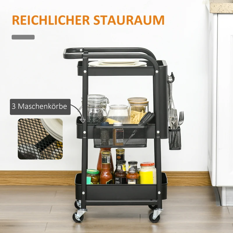 HOMCOM trolley 3-laagse keukenwagen met lades en mand voor keuken kantoor opbergwagen serveerwagen keukenplank met wielen slaapkamer woonkamer staal wit 51,5 x 32 x 75,6 cm