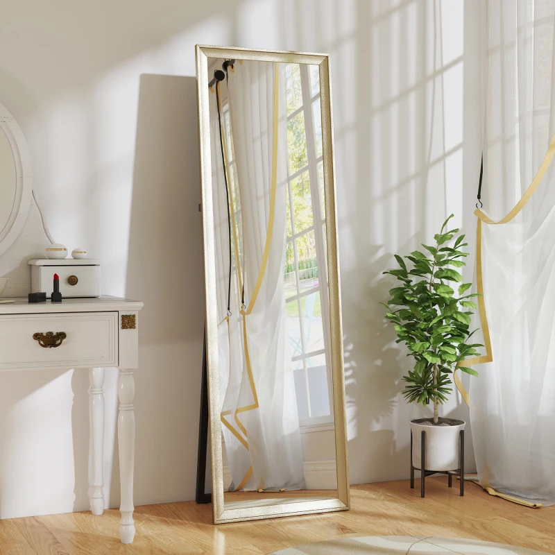 HOMCOM Lustro pełnej długości 160 x 50 cm Prostokątne, stojące z metalicznym wykończeniem, Lustro ścienne do oparcia, stojące, duże lustro dla przedpokoju, salonu, sypialni, Złote