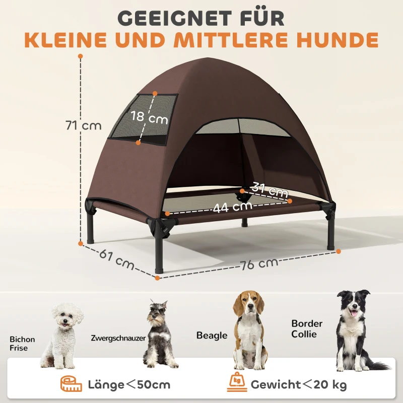 PawHut Elevated Dog Bed with Removable Canopy, Pet Bed with Storage Bag for Indoor Outdoor, for Small Medium Dogs, 76 x 61 x 71 cm, Coffee